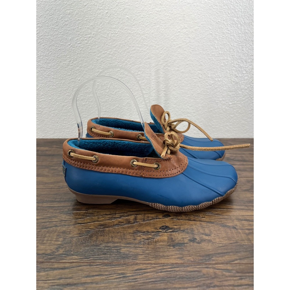 Sperry Top Low Boot 5 Teal Rubber Cognac Leather Trim Waterproof Duck